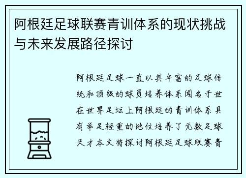 阿根廷足球联赛青训体系的现状挑战与未来发展路径探讨