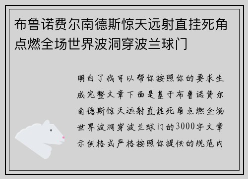 布鲁诺费尔南德斯惊天远射直挂死角点燃全场世界波洞穿波兰球门