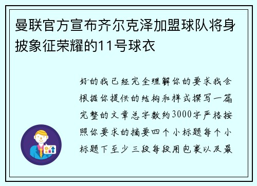 曼联官方宣布齐尔克泽加盟球队将身披象征荣耀的11号球衣