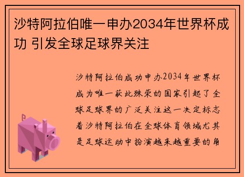 沙特阿拉伯唯一申办2034年世界杯成功 引发全球足球界关注
